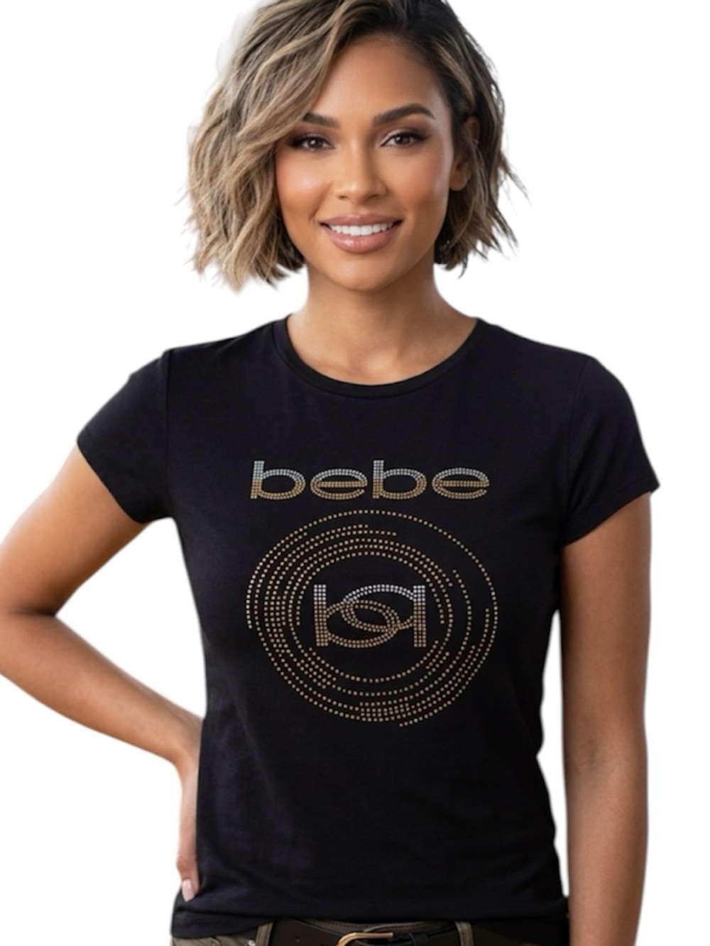 Bebe Black Gold Rhinestone Logo Tee